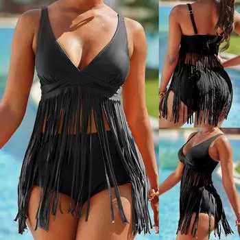 Летний пляжный купальник с глубоким V-образным вырезом, женское платье с кисточками, женский купальник больших размеров, комплект бикини с высокой талией, сексуальный купальник пуш-ап S синий