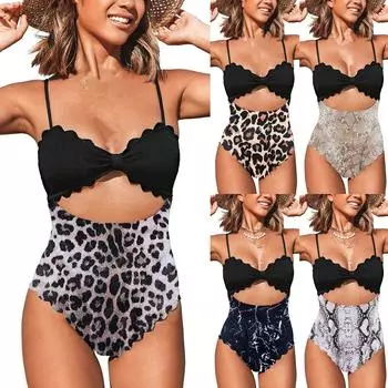 Летний пляжный модный кружевной волнистый женский цельный купальник L бежевый