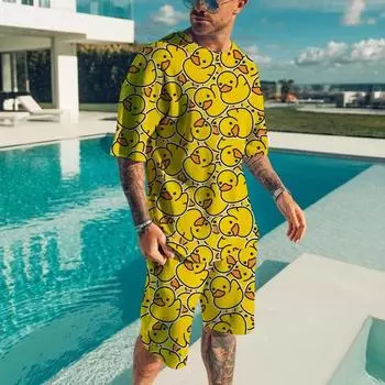 Летний пляжный мужской комплект футболок с 3D-принтом «Утка-панда», мужская и женская футболка с круглым вырезом, шорты, комплект из двух предметов, повседневные мужские костюмы, одежда S