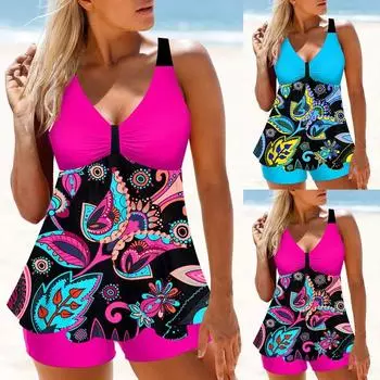 Летний пляжный новый женский купальник-бикини из двух частей Suzuran Flower Print Holiday Tie Beach Suit S-6XL L синий