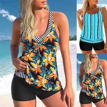 Летний пляжный новый женский купальник-бикини из двух частей с оранжевым цветочным принтом, праздничный пляжный купальник с завязками, размер S-6XL 2XL