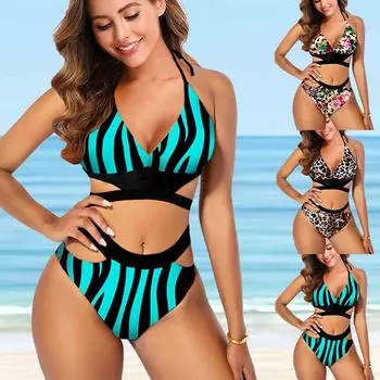 Летний пляжный отдых Женская мода Бикини с узором Купальник Жилет Купальник S-5XL S синий