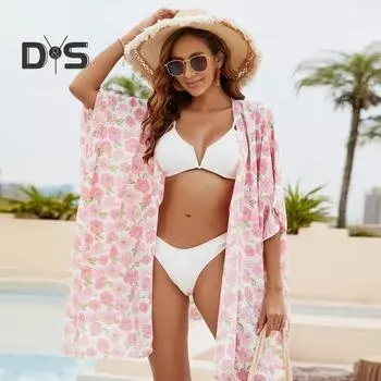 Летний пляжный пончо с цветочным принтом, солнцезащитный крем, свободный, быстросохнущий купальник, накидка, открытая пляжная одежда, блузка, кардиган, нестандартная праздничная шаль средней длины для бикини жёлтый