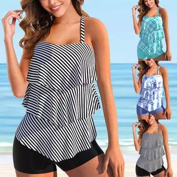 Летний пляжный повседневный женский купальник с бретельками и рисунком бикини для отдыха, комплект S-6XL S чёрный