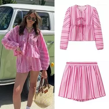 Летний пляжный женский костюм, повседневный комплект из рубашки и шорт в полоску, женский свободный кружевной бант с открытой спиной и длинным рукавом, рукав-фонарик, женский костюм S розовый