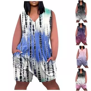 Летний плюс размер V-образный вырез без рукавов с карманом до колена Повседневный комбинезон с принтом тай-дай для женщин L чёрный