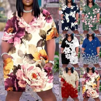 Летний плюс размер V-образным вырезом с коротким рукавом и карманом до колена, повседневный комбинезон с принтом для женщин L чёрный