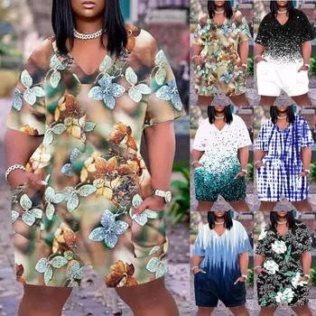 Летний плюс размер V-образным вырезом с коротким рукавом и карманом до колена, повседневный комбинезон с принтом для женщин L чёрный