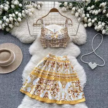 Летний подиумный комплект из двух предметов: бюстгальтер с хлопковой подкладкой, топ + мини-юбка, принт «фарфор», на тонких бретельках, для пляжной вечеринки S золотой