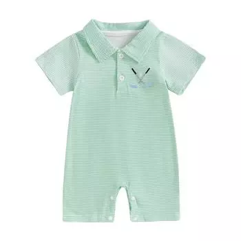 Летний полосатый комбинезон для мальчиков с коротким рукавом, отложным воротником, застежкой на пуговицы, вышитым голенищем для гольфа 6-12 Months