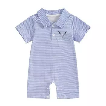 Летний полосатый комбинезон для мальчиков с коротким рукавом, отложным воротником, застежкой на пуговицы, вышитым голенищем для гольфа 0-3 Months синий