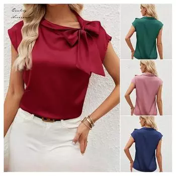 Летний полуоткрытый воротник с бабочкой и цветным узором Ding Top Niche Design Атласные футболки женские S светло-желтого