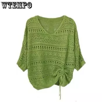 Летний полый ледяной шелк, короткий топ, трикотаж, женский свободный пуловер, тонкий свитер с длинными рукавами, накидка M