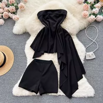 Летний популярный топ для девочек нестандартной формы, топ с высокой талией, обтягивающие прямые короткие шорты, сетчатый костюм из двух предметов для снижения возраста знаменитостей