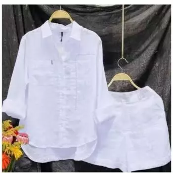 Летний повседневный домашний комплект из 2 предметов из хлопка и льна, женская мода, белая рубашка с длинным рукавом и шорты, комплект из двух предметов, спортивный костюм S белый