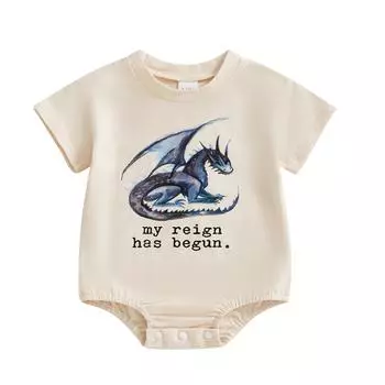 Летний повседневный комбинезон для мальчика с коротким рукавом и круглым вырезом, с принтом в виде дракона, свободный крой 3-6 Months бежевый