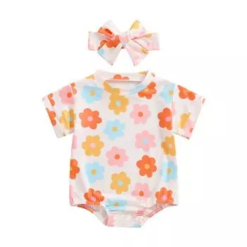 Летний повседневный комбинезон для маленьких девочек 3, 6, 12, 18 месяцев, комбинезон с короткими рукавами, круглым вырезом и цветочным принтом, с повязкой на голову 3-6 Months бежевый