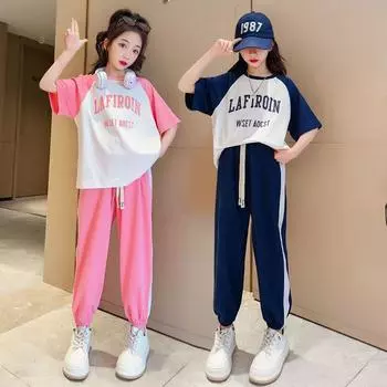 Летний повседневный комплект для девочек-подростков, детская модная футболка с буквенным принтом + брюки, спортивная одежда из 2 предметов, детская одежда 5T розовый