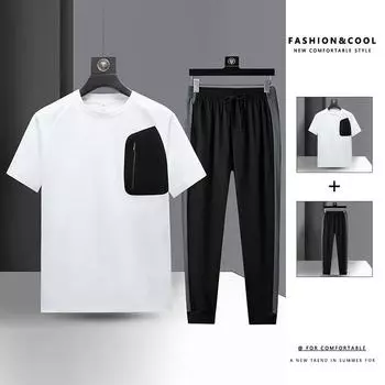 Летний повседневный комплект из длинных брюк с короткими рукавами для мужчин, универсальный, красивый, свободный крой, спортивный комплект из двух предметов большого размера XXXXXL/107-117KG белый