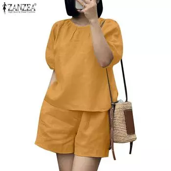 Летний повседневный комплект из двух предметов: блузка с коротким рукавом и шорты ZANZEA M бежевый