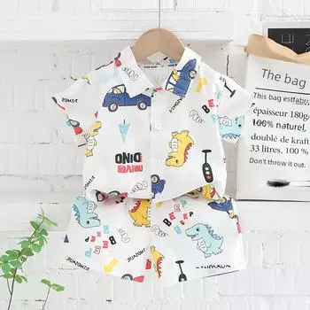 Летний повседневный комплект из двух предметов для мальчиков 2023 года: Рубашка с короткими рукавами, свободный крой, дышащая ткань 110 cm