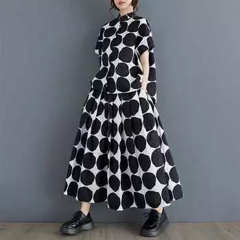 Летний повседневный комплект из двух предметов с принтом в горошек, свободная блузка с коротким рукавом, женская рубашка, топ, модная одежда, длинные юбки, костюм 2025 One Size