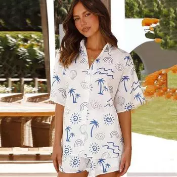 Летний повседневный комплект из двух предметов с шортами больших размеров, женский пляжный праздничный комплект с принтом, свободные короткие штаны из 2 предметов, женский модный простой женский костюм с шортами 24511 S синий