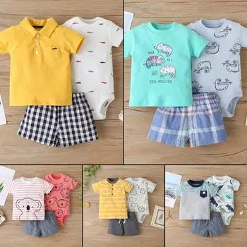 Летний повседневный комплект одежды для девочек и мальчиков с короткими рукавами и рисунком из мультфильма, футболка с шортами и комбинезоном 18