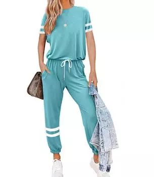 Летний повседневный комплект одежды из 2 предметов для женщин, спортивный спортивный костюм, рубашка, топ, брюки, комплект спортивного костюма для йоги, домашняя одежда L небесно-голубой