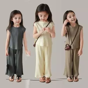 Летний повседневный костюм для девочек, комплект из двух предметов: майка без рукавов и штаны для маленьких детей 140 бежевый