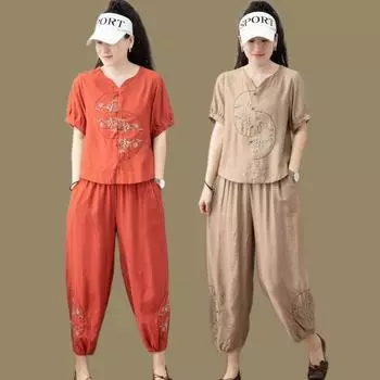 Летний повседневный костюм из хлопка и льна для мамы, свободные укороченные брюки, рубашка с короткими рукавами, утягивающие брюки, комплект из двух предметов XXXXXL чёрный