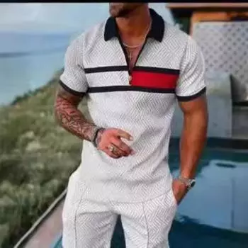Летний повседневный костюм-поло с полосатым принтом для мужчин S
