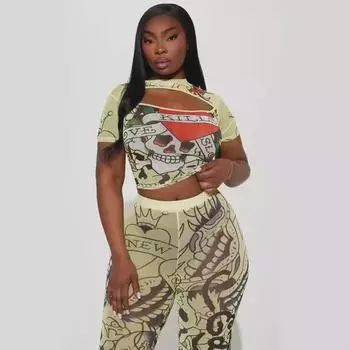 Летний повседневный костюм с коротким рукавом и принтом 2024 г. Extra Large кремовый/белый