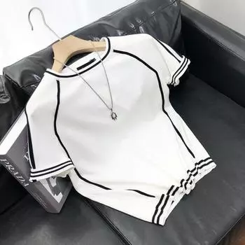 Летний повседневный лоскутный контрастный полосатый оверсайз мужской и женский вязаный свитер из ледяного шелка, футболка с короткими рукавами S чёрный