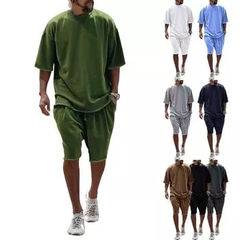 Летний повседневный мужской комплект больших размеров, свободные шорты с короткими рукавами, однотонный комплект M чёрный