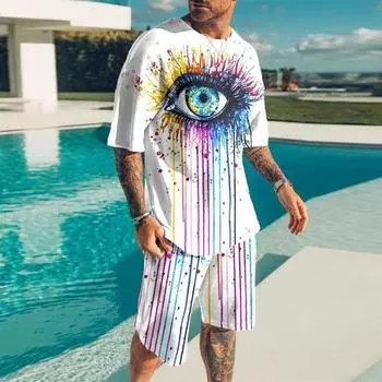 Летний повседневный мужской комплект, европейская и американская модная футболка с 3D-принтом, шорты с короткими рукавами, спортивный комплект, пляжный комплект S
