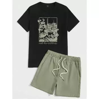 Летний повседневный мужской комплект из двух предметов для активного отдыха с принтом «Под цветущей вишней»: футболка с круглым вырезом и шорты, повседневная одежда S