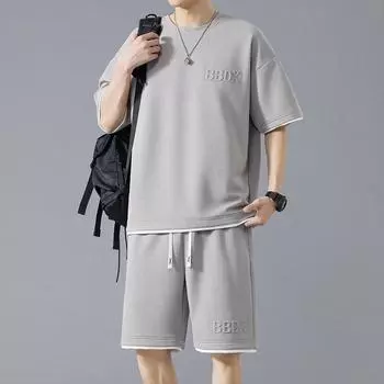 Летний повседневный мужской спортивный костюм с короткими рукавами, комплект из двух предметов M чёрный