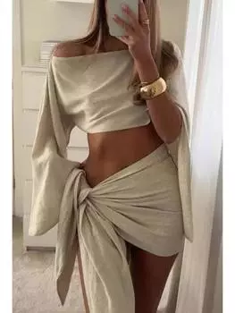 Летний повседневный однотонный комплект из 2 предметов, женский сексуальный короткий топ с длинными рукавами + мини-юбка на шнуровке, модные пляжные уличные костюмы с диагональным вырезом M жёлтый