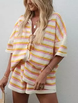 Летний повседневный полосатый вязаный комплект из 2 предметов, женский однобортный кардиган + свободные шорты, женские модные шикарные пляжные костюмы с эластичной резинкой на талии S оранжевый