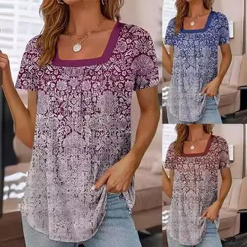 Летний повседневный пуловер, женская модная свободная футболка с квадратным вырезом и цветочным принтом, повседневный топ с короткими рукавами, пригородный топ больших размеров S кофейный