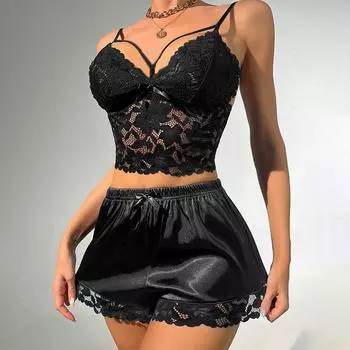 Летний повседневный сексуальный кружевной облегающий домашний жилет с шортами пижамный комплект для женщин XXL чёрный