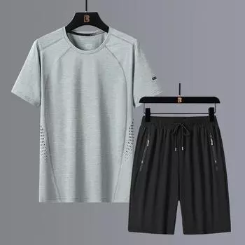 Летний повседневный спортивный костюм из ледяного шелка, молодежные свободные шорты с круглым вырезом, легкая мужская одежда с короткими рукавами M чёрный