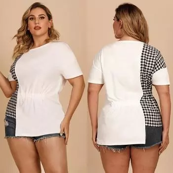 Летний повседневный укороченный топ с круглым вырезом, женская клетчатая рубашка с короткими рукавами, эластичная талия, укороченный топ больших размеров, свободный лоскутный укороченный топ, пригородный укороченный топ XL белый