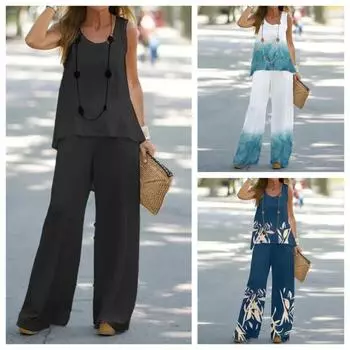 Летний повседневный женский жилет с принтом, топ без рукавов, свободные эластичные брюки с высокой талией, брюки, костюм из двух частей S белый