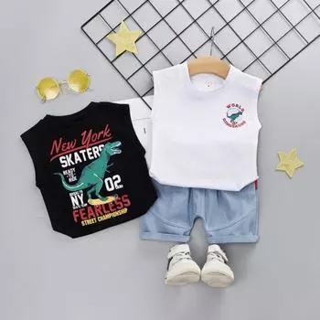 Летний повседневный жилет без рукавов с принтом динозавра для маленьких мальчиков, футболка, топы + джинсовые шорты, костюмный комплект 80/S