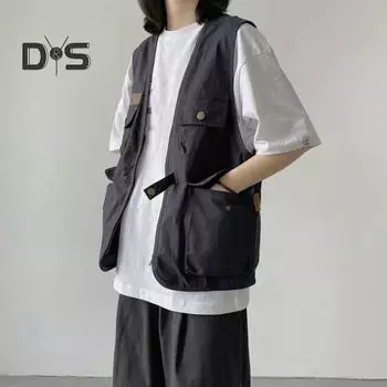 Летний повседневный жилет унисекс без рукавов с несколькими карманами, дизайнерский жилет, пальто на молнии и пуговицах, куртка-карго, уличная одежда M темно-синий