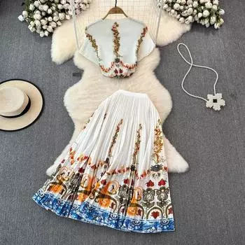 Летний праздничный комплект из 2 предметов с цветочным принтом, женский эластичный пуловер Miyake с короткими рукавами, рубашка, топ и длинная плиссированная юбка, наряды S чёрный