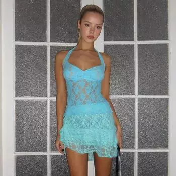 Летний прозрачный топ с подвеской на шее и бретельками на бретельках S синий