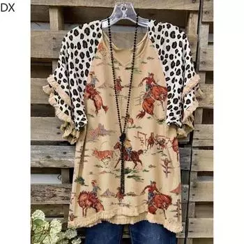 Летний пуловер из хлопка с короткими рукавами и принтом, темпераментная футболка с v-образным вырезом и свободным тоном S неглазурованный фарфор